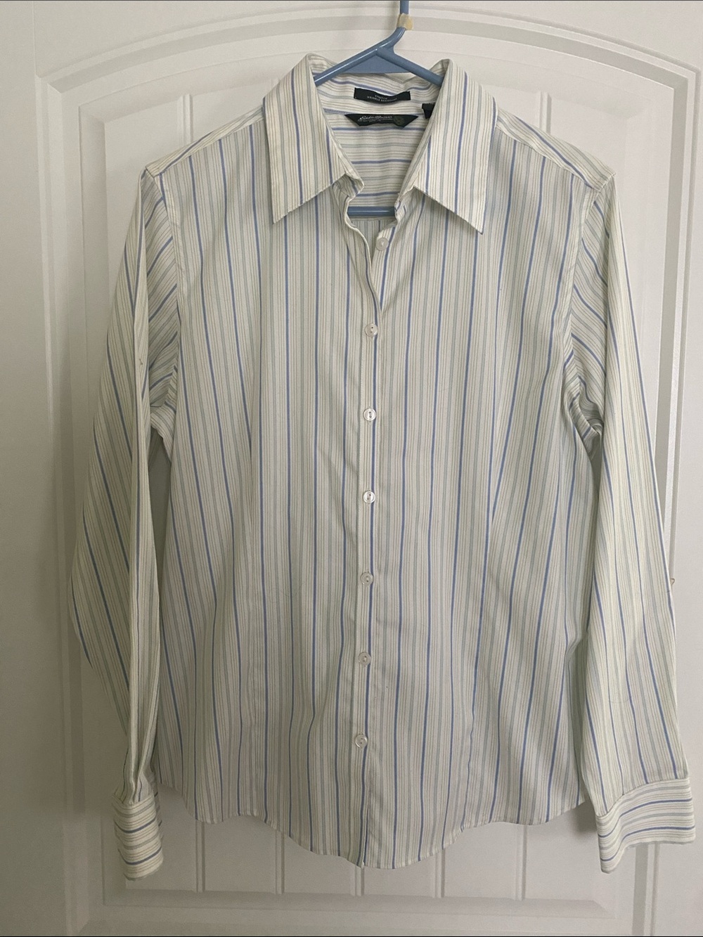 Eddie Bauer women's White Button-Down Shirt with Blue and Light Green Stripes
